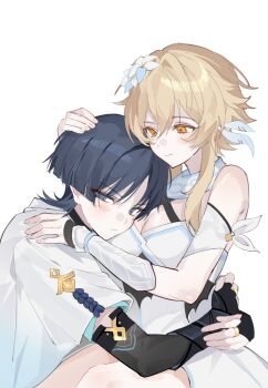 1boy 1girl arm_cutout armor averting_eyes bare_shoulders black_bridal_gauntlets black_eyes black_gloves black_hair blonde_hair blue_feathers blue_flower blue_rope blue_sleeves blue_trim blunt_ends blush breast_pillow breasts bridal_gauntlets cleavage closed_mouth clothing_cutout commentary_request couple cranberry11_207 criss-cross_halter detached_sleeves dress eyeliner feather_hair_ornament feathers fingerless_gloves fingernails flower genshin_impact gloves gold gold_ring hair_flower hair_ornament halterneck hand_on_another's_shoulder hands_on_another's_back headpat heads_together hetero highres hug japanese_armor korean_commentary kote kurokote layered_sleeves looking_at_another looking_down lumine_(genshin_impact) makeup medium_breasts middle_ring multicolored_flower parted_bangs red_eyeliner rope scaramouche_(genshin_impact) scarf short_hair short_hair_with_long_locks short_sleeves sidelocks sitting smile sweatdrop tsurime vambraces variant_set wanderer_(genshin_impact) white_background white_dress white_flower white_scarf white_sleeves wispy_bangs yellow_eyes