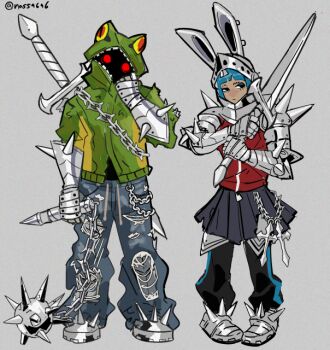 Rule 34 | 1girl, 1other, animal hood, armor, blue hair, commentary, cross, crucifix, denim, flail, frog hood, full body, green hoodie, grey background, holding, holding flail, holding sword, holding weapon, hood, hoodie, jacket, jeans, nass9696, original, pants, pleated skirt, rabbit ear headwear, red eyes, red jacket, shaded face, signature, skirt, spiked armor, spikes, standing, sword, sword on back, torn clothes, torn jeans, torn pants, untranslatable commentary, visor (armor), weapon, weapon on back