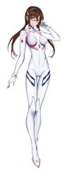 Rule 34 | 1girl, arm at side, artist request, blue collar, blue eyes, blue hairband, bodysuit, brown hair, collar, covered navel, evangelion: 3.0+1.0 thrice upon a time, final gear, full body, glasses, hairband, highres, knees together feet apart, legs, long hair, long legs, long sleeves, looking at viewer, low-tied long hair, makinami mari illustrious, narrow waist, neon genesis evangelion, number print, numbered, official art, pilot suit, rebuild of evangelion, red-framed eyewear, science fiction, simple background, skin tight, skinny, smile, solo, tachi-e, third-party source, transparent background, twintails, white bodysuit