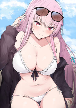 1girl bikini black_jacket blue_sky blush breasts cleavage closed_mouth cloud commentary day english_commentary eyewear_on_head hand_in_own_hair highres hololive hololive_english jacket large_breasts long_hair mori_calliope navel off_shoulder outdoors pink_hair red_eyes sakiya_(sak1_01) sky smile solo stomach sunglasses swimsuit thighs very_long_hair virtual_youtuber white_bikini