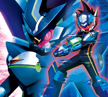 1boy arm_cannon black_ace_(mega_man) blue_bodysuit blue_helmet bodysuit cowboy_shot geo_stelar_(mega_man) glitch helmet male_focus mega_man_(series) mega_man_star_force_(series) mega_man_star_force_3 official_art red-tinted_eyewear star_force_mega_man tinted_eyewear upper_body weapon