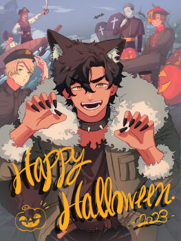 1girl 5boys ^_^ absurdres adjusting_clothes adjusting_headwear android animal_ear_fluff animal_ears animification bat_(animal) belt black_hair black_hat black_nails blonde_hair boat bracelet brown_belt brown_hair brown_shirt claw_pose closed_eyes coffin cole_(ninjago) collar commentary_request cross dark-skinned_male dark_skin fingernails fur-trimmed_jacket fur_trim green_eyes grey_hair grey_jacket grin hair_between_eyes halloween halloween_costume hand_on_own_hip happy_halloween hat highres holding holding_cross holding_sword holding_weapon jack-o'-lantern jacket jay_(ninjago) jewelry jiangshi kai_(ninjago) lloyd_garmadon long_fingernails long_hair multiple_boys ninjago nya_(ninjago) ofuda open_clothes open_jacket open_mouth pirate_hat police police_uniform ponytail priest red_eyes s_m_n_325 shirt short_hair sitting smile spiked_collar spikes sweat sword the_lego_group torn_clothes torn_shirt watercraft weapon werewolf_costume white_shirt will-o'-the-wisp_(mythology) wolf_boy wolf_ears zane_(ninjago)