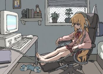 1girl :/ ahoge animal_slippers bag barefoot bed bird blonde_hair blue_shirt book bow bowtie cardigan chair closed_mouth collared_shirt commentary commission computer computer_keyboard computer_mouse crt desk dog_slippers english_commentary feet framed_image full_body gabriel_dropout gabriel_tenma_white hair_between_eyes headphones highres indoors linux long_hair long_sleeves looking_at_screen looking_at_viewer looking_to_the_side miniskirt mitsubishi mitsubishi_electric monitor notebook office_chair on_chair pantsu-ripper pen penguin photo_inset pink_cardigan plaid_clothes plaid_skirt plant polo_shirt potted_plant purple_eyes qr_code real_life red_bow red_bowtie red_skirt school_bag school_uniform shelf shirt sidelocks sitting skirt slippers smile solo swivel_chair terry_a_davis toes tux very_long_hair white_shirt window window_blinds wing_collar wooden_floor