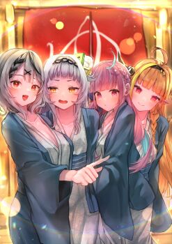 Rule 34 | 4girls, absurdres, ahoge, aqua hair, arched bangs, black hair, black hairband, blonde hair, blue haori, blue kimono, blue ribbon, blush, braid, breasts, brown horns, cleavage, closed mouth, collarbone, commentary, curly hair, fang, fangs, grey hair, hair bun, hair ornament, hair ribbon, hairband, hairclip, haori, highres, hololive, horns, japanese clothes, kimono, kiryu coco, large breasts, long hair, long sleeves, looking at viewer, minato aqua, multicolored hair, multiple girls, murasaki shion, open mouth, orange hair, pink eyes, pink hair, pointing, pointy ears, red eyes, ribbon, sakamata chloe, single side bun, skin fang, skin fangs, smile, streaked hair, teeth, twintails, two-tone hair, virtual youtuber, yellow eyes, yukata, yuzuno wagiri