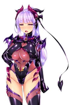 1girl areola_slip blush bodysuit breasts clothing_cutout collar corruption covered_erect_nipples dark_persona demon_girl demon_horns demon_tail elbow_gloves game_cg gloves gluteal_fold half-closed_eyes hand_on_own_hip highleg highleg_leotard horns huge_breasts kisaragi_nozomi large_variant_set leotard long_hair looking_at_viewer non-web_source official_art open_mouth pink_eyes ponytail purple_eyes purple_hair satou_kuuki shadow_venus shinsou_seiki_elementia shiny_clothes skin_tight solo standing tail thighhighs transparent_background variant_set