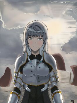 Rule 34 | 1girl, armor, backlighting, blush, breastplate, cloud, cloudy sky, day, grey eyes, head tilt, highres, long hair, looking at viewer, nephis (shadow slave), outdoors, shadow slave, shoulder armor, sky, solo, t69sad, upper body, white hair