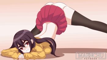 artist_name artist_self-insert ass ass_shake black_thighhighs bouncing_breasts breasts brown_hair gradient_background highres jack-o'_challenge legs_apart looking_at_viewer mae_(maenchu) maenchu medium_breasts panties panty_peek patreon_username red_eyes red_skirt simple_background skirt source_request sweater thick_thighs thighhighs thighs underwear white_panties yellow_sweater