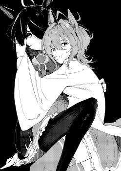 2girls absurdres agnes_tachyon_(umamusume) ahoge animal_ears black_background bow bowtie closed_mouth gorioshi0802 greyscale hair_over_one_eye hand_on_another&#039;s_back hand_on_another&#039;s_face highres horse_ears horse_girl light_blush looking_at_viewer manhattan_cafe_(umamusume) medium_hair monochrome multicolored_hair multiple_girls pantyhose parted_lips pleated_skirt school_uniform simple_background skirt smile solo thighhighs tracen_school_uniform umamusume yuri