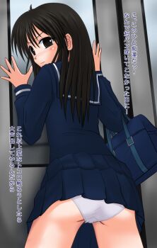 Rule 34 | 1girl, against glass, against wall, bag, blush, brown eyes, brown hair, chikan, closed mouth, hanamaru shuzo, long hair, molestation, original, panties, pleated skirt, school bag, school uniform, skirt, train, train interior, translated, underwear, white panties