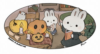Rule 34 | animal, animal focus, ayu (mog), black coat, book, border, candle, closed mouth, coat, commentary, commentary request, english commentary, ghost, holding, holding book, holding wand, hood, hood down, long sleeves, mixed-language commentary, no humans, original, pumpkin, rabbit, romaji commentary, round border, signature, smile, solid circle eyes, table, wand, watermark, white border