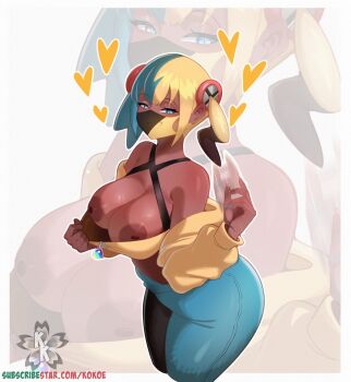 1girl alternate_breast_size_(larger) armpit_crease artist_name bare_shoulders blonde_hair blue_eyes blue_hair blue_nails blue_pants border breasts canari_(pokemon) choppy_bangs cleavage clothes_pull commentary cropped_legs dark-skinned_female dark_nipples dark_skin fingernails half-closed_eyes hand_up handjob_gesture heart highres jacket jacket_partially_removed kokoe_(pyuncho) large_breasts leaning_forward long_sleeves looking_at_viewer loving_aura mask motion_blur mouth_mask multicolored_hair multicolored_nails nail_polish nintendo nipples outside_border pants pokemon pokemon_legends:_z-a shirt shirt_pull short_hair split-color_hair subscribestar_username two-tone_hair white_border yellow_jacket yellow_nails yellow_shirt zipper zipper_pull_tab zoom_layer