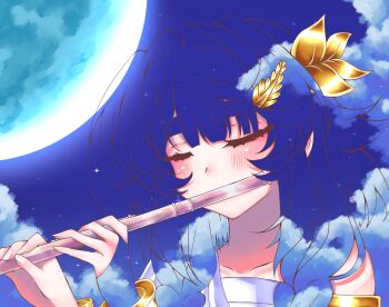 1girl artist_self-insert closed_eyes collarbone colored_eyelashes commentary english_commentary fingernails flute hair_ornament highres hikarinotenshi.arts holding holding_flute holding_instrument instrument laurel_crown music night original pale_skin playing_flute playing_instrument seri_(hikarinotenshi.arts) sky solo thick_eyelashes translucent_hair unfinished