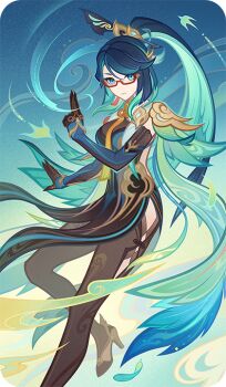 Rule 34 | 1girl, aqua eyes, bad source, black gloves, bodystocking, china dress, chinese clothes, chinese hairpin, colored inner hair, dress, earrings, genshin impact, glasses, gloves, hand up, high heels, jewelry, long hair, looking at viewer, multicolored hair, official art, red-framed eyewear, semi-rimless eyewear, solo, standing, tassel, tassel earrings, two-tone hair, very long hair, xianyun (genshin impact)