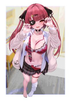 1girl :d black_nails black_skirt blunt_bangs blurry blurry_background bra breasts cardigan choker claw_pose cleavage collared_shirt commentary_request eyepatch flower-trimmed_bra flower-trimmed_panties full_body hair_ornament hair_ribbon hairclip hands_up heart_pendant highres hololive houshou_marine inari_(ambercrown) indoors kneehighs lace lace-trimmed_bra lace-trimmed_panties lace_trim large_breasts long_hair looking_at_viewer loose_socks miniskirt nail_polish navel necktie no_shoes o-ring o-ring_choker o-ring_thigh_strap open_clothes open_mouth open_shirt open_skirt panties pendant_choker plaid_clothes plaid_skirt red_bra red_eyes red_hair red_necktie red_panties ribbon shirt single_bare_foot single_sock skirt smile socks solo standing stomach thigh_strap tie_clip toenail_polish toenails twintails underwear undone_necktie virtual_youtuber white_cardigan white_shirt