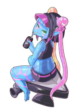 1girl bare_arms barefoot black_hat black_shirt black_shorts blue_hair blue_skin blunt_bangs can chair closed_mouth colored_eyelashes colored_skin commentary_request crop_top drinking drinking_straw drinking_straw_in_mouth facial_mark final_fantasy final_fantasy_xiv from_above from_behind green_eyes hat head_tilt highres holding holding_can lalafell long_hair looking_at_viewer looking_back monster_girl multicolored_hair omoti_mogumogu on_chair pink_hair pink_hat pointy_ears see-through_body shirt shorts sitting sleeveless sleeveless_shirt slime_girl smile solo sugar_riot twintails two-tone_hair two-tone_hat white_background