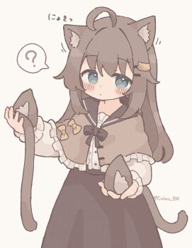 1girl ? ahoge animal_ear_fluff animal_ears black_sailor_collar black_skirt blue_eyes blush_stickers brown_capelet brown_hair capelet cat_ears cat_girl cat_tail closed_mouth colon_br commentary_request cowboy_shot frilled_capelet frills hair_ornament hairclip highres holding_ears holding_own_tail long_hair long_sleeves looking_at_viewer original sailor_collar shirt simple_background skirt solo spoken_question_mark tail twitter_username white_background white_shirt