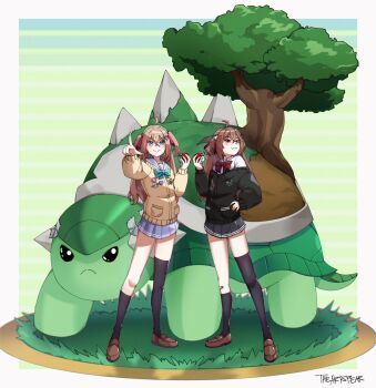 Rule 34 | 2girls, ahoge, asymmetrical legwear, bandaid, bandaid on knee, bandaid on leg, black cardigan, blue eyes, bow, bowtie, brown hair, cardigan, closed mouth, cosplay, evil neuro-sama, gen 4 pokemon, hair between eyes, hair ornament, hair ribbon, heart, heart hair ornament, highres, holding, holding poke ball, long hair, long sleeves, mismatched legwear, multiple girls, neuro-sama, nintendo, poke ball, poke ball (basic), pokemon, pokemon dppt, red bow, red eyes, red ribbon, ribbon, sailor collar, siblings, skirt, smile, the artspear, torterra, torterra (cosplay), tree, turtle, twins, two side up, vedal987, vedal ai, virtual youtuber, yellow cardigan