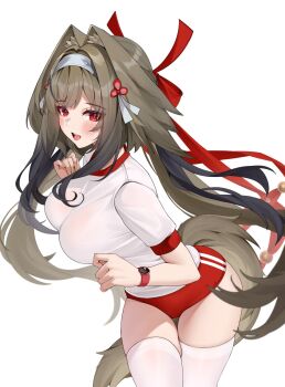 1girl :d alternate_costume animal_ears black_streaks breasts brown_hair droopy_ears eyeliner fox_ears fox_girl fox_tail hair_ornament headband highres large_breasts leaning_forward light_blush long_hair makeup matrix16 multicolored_hair open_mouth red_eyes red_ribbon ribbon shirt shorts skindentation smile streaked_hair tail thighhighs very_long_hair watch wristwatch ye_shunguang zenless_zone_zero