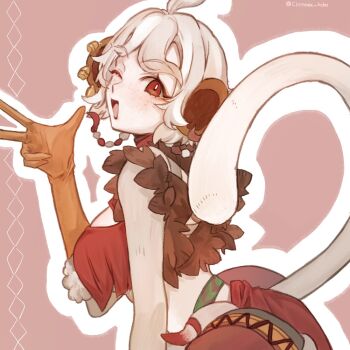 1girl ;d afk_(series) afk_journey ahoge animal_ears bell bell_earrings blonde_hair breasts brown_background brown_gloves chironex_bobo earrings elbow_gloves gloves hand_up jewelry light_blush looking_at_viewer medium_breasts midriff mikola_(afk) monkey_ears monkey_girl monkey_tail multiple_earrings one_eye_closed open_mouth outline red_eyes simple_background smile solo tail twitter_username upper_body w white_hair white_outline