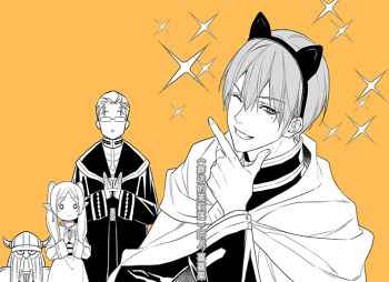 1girl 3boys animal_ear_hairband animal_ears beard black_jacket black_robe capelet cat_ear_hairband cat_ears clapping cloak dwarf earrings eisen_(sousou_no_frieren) elf facial_hair fake_animal_ears fake_horns frieren glasses grin hair_between_eyes hair_slicked_back hairband heiter helmet himmel_(sousou_no_frieren) horned_helmet horns jacket jewelry lm_0063 long_hair mole mole_under_eye monochrome multiple_boys one_eye_closed orange_background parted_bangs pointy_ears robe short_hair skirt smile sousou_no_frieren sparkle thick_eyebrows twintails upper_body white_capelet white_cloak white_jacket white_skirt