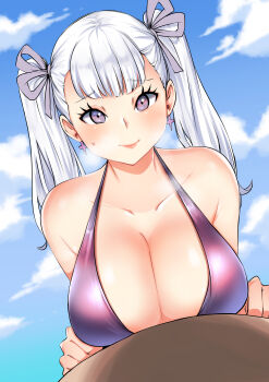 1girl absurdres beach bikini bikini_top black_clover breasts earrings eyelashes female_focus highres jewelry kenronxo large_breasts looking_at_viewer noelle_silva pink_eyes purple_eyes ribbon shiny_skin simple_background sky smile swimsuit twintails white_hair