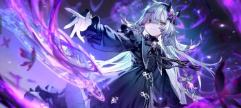 1girl ahoge belt black_belt black_bow black_bowtie blunt_ends bow bow_hairband bowtie braid bug bukurote butterfly buttons catriona closed_mouth dress frilled_dress frilled_skirt frilled_sleeves frills gothic_lolita hair_over_one_eye hairband highres insect light_smile lolita_fashion long_hair long_skirt magic_circle outstretched_arm outstretched_hand pleated_skirt shadowverse shadowverse:_worlds_beyond silver_trim skirt solo swept_bangs white_hair