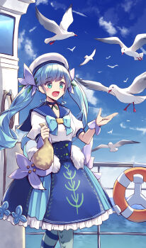 1girl absurdres aqua_bow asymmetrical_legwear bag bird blue_dress blue_eyes blue_hair blue_ribbon blue_sky blush bow cloud commentary_request dress duel_monster dutch_angle feet_out_of_frame flag frilled_dress frills hat highres holding holding_bag island kanzakietc long_hair looking_at_another ocean outdoors ribbon sailor sailor_collar sailor_hat sky smile solo staysailor_romarin twintails yu-gi-oh!
