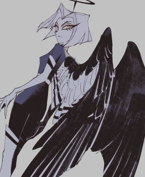 1girl angel angel_wings belt black_halo black_pants black_shirt black_wings blunt_ends boots closed_mouth cowboy_shot dutch_angle feathered_wings frown grey_background halo hazbin_hotel hellaverse highres looking_at_viewer lute_(hazbin_hotel) pants shirt short_hair simple_background solo ssyy_aagg thigh_boots two-tone_wings white_belt white_boots white_hair white_wings wings yellow_eyes