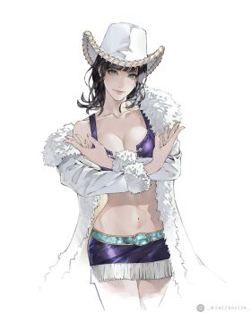 Rule 34 | 1girl, black hair, blue eyes, blunt bangs, breasts, cleavage, closed mouth, coat, commentary, cowboy shot, crossed arms, fur-trimmed coat, fur trim, hat, highres, instagram username, medium hair, midriff, navel, nico robin, one piece, purple shirt, purple skirt, shirt, simple background, single bare shoulder, skirt, smile, solo, wandzardeen, white background, white coat, white hat
