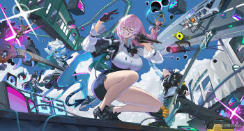 1boy 3others 4girls animal_ear_fluff animal_ears arm_up armor arms_up artist_name asaba_harumasa belle_(zenless_zone_zero) black_footwear black_gloves black_necktie black_skirt blue_hair blue_skin blue_sky blunt_bangs breasts brown_eyes car clenched_teeth closed_eyes cloud colored_skin dancing dj dress_shirt ethereal_(zenless_zone_zero) fingerless_gloves floating_hair fox_ears fox_girl full_body gloves grayfair guitar hair_between_eyes high-waist_skirt high_heels highres holding holding_guitar holding_instrument holding_microphone horns hoshimi_miyabi instrument jacket large_breasts long_hair looking_at_viewer microphone motor_vehicle multiple_girls multiple_others music necktie one_eye_closed oni open_clothes open_jacket outdoors pink_hair playing_guitar playing_instrument pointy_ears rapping red_eyes shirt short_hair shoulder_armor sidelocks skirt sky smile soukaku_(zenless_zone_zero) standing tail teeth train tsukishiro_yanagi white_hair white_shirt yellow_gloves zenless_zone_zero