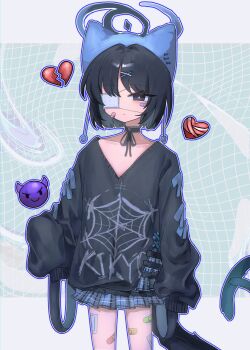 1girl absurdres animal_ears bandage_on_leg beanie black_eyes black_hair blue_archive blue_halo cat_ears cat_tail emoji grid_background hair_ornament hairclip halo hat highres kikyou_(blue_archive) long_sleeves multiple_tails plaid_clothes plaid_skirt pleated_skirt pong2 short_hair skirt sleeves_past_wrists solo sweater tail two_tails v-neck wavy_background