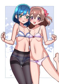 2girls asortofcolorfag asymmetrical_docking blue_hair blush bra breast_press breasts brown_hair colorized delicious_party_precure eyebrows_hidden_by_hair fuwa_kokone gluteal_fold green_eyes hair_between_eyes hair_ornament hair_ribbon hairclip looking_at_viewer medium_hair miyagoe_yoshitsuki multiple_girls nagomi_yui open_mouth panties panties_under_pantyhose pantyhose pink_ribbon precure purple_bra purple_eyes purple_panties ribbon small_breasts smile standing standing_on_one_leg underwear underwear_only white_bra white_panties