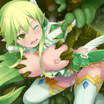 1girl arm_held_back blush breasts censored colored_eyelashes commentary_request dress elsword grabbing_another's_breast grand_archer_(elsword) green_dress green_hair groping hair_ornament juliet_sleeves large_breasts long_hair long_sidelocks long_sleeves maruto! mosaic_censoring nipples one_eye_closed open_mouth pointy_ears puffy_sleeves pussy_juice rena_erindel restrained sidelocks sweat tentacle_pit tentacle_sex tentacles thighhighs torn_clothes torn_dress white_thighhighs yellow_eyes