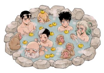 6+boys ^_^ asagiri_gen bald beard blush character_request chrome_(dr._stone) closed_eyes dr._stone eyewear_on_head facial_hair food from_above fruit ginro_(dr._stone) hair_down ishigami_senkuu kinro_(dr._stone) long_beard male_focus mandarin_orange miya_dcst monkey multiple_boys old old_man onsen partially_submerged steam toned toned_male washing_back