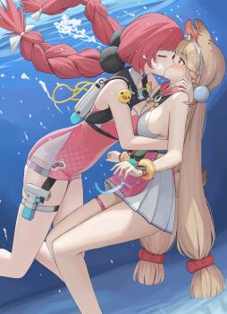 2girls absurdres alice_thymefield alice_thymefield_(sea_of_thyme) animal_ears arms_around_waist bare_shoulders blonde_hair blush bow braid breast_press breasts closed_eyes commentary dolri duplicate feet_out_of_frame hair_bow hair_ornament highres kiss long_hair medium_breasts multiple_girls official_alternate_costume one-piece_swimsuit pink_one-piece_swimsuit red_hair swimsuit symmetrical_docking thigh_strap twin_braids twintails ukinami_yuzuha ukinami_yuzuha_(tanuki_in_broad_daylight) underwear very_long_hair white_bow yellow_eyes yellow_nails yuri zenless_zone_zero