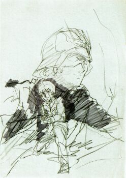 Rule 34 | amuro ray, char aznable, earth federation space forces, gun, gundam, helmet, highres, holding, holding gun, holding weapon, insignia, mecha, military uniform, non-web source, pilot, robot, weapon, yasuhiko yoshikazu, zeon