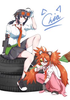 2girls ahoge animal_ears bear_ears black_gloves black_hair breasts chia_ikaruga commentary_request eyepatch fake_animal_ears fingerless_gloves gloves goggles goggles_on_head grace_howard hair_between_eyes hair_ornament highres holding koleda_belobog large_breasts long_hair looking_at_viewer multiple_girls orange_eyes pants red_eyes red_hair sphere_hair_ornament twintails zenless_zone_zero