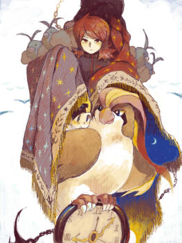 2boys analog_clock backwards_hat bird black_hat black_jacket blanket clock closed_mouth ethan_(pokemon) gen_1_pokemon gen_3_pokemon hat jacket looking_at_viewer male_focus moiko multiple_boys nintendo outdoors perching pidgeot pokemon pokemon_(creature) pokemon_hgss red_hair silver_(pokemon) swablu yellow_hat