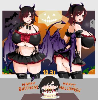 1girl absurdres ass bat_(animal) bikini birthday_cake black_bikini black_bow black_bowtie black_choker black_hair black_lips black_thighhighs blush bow bowtie breasts butter_knife cake chibi choker cleavage dated demon_girl demon_horns demon_tail demon_wings earrings fangs food fork ghost grey_eyes hair_ornament hairclip halloween happy_birthday happy_halloween headband highleg highleg_bikini highres holding holding_fork holding_knife horns huge_breasts jack-o'-lantern jewelry knife lipstick looking_at_viewer makeup microskirt multicolored_hair multiple_earrings odakubara pumpkin red_hair ruby_rose rwby short_hair sideboob skirt solo stud_earrings swimsuit tail thighhighs thighs underboob wings