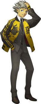 1boy absurdres blue_eyes dark-skinned_male dark_skin doi_masayuki formal_clothes full_body grey_hair hallelujah_(megami_tensei) hand_in_pocket hand_on_own_head highres jacket male_focus necktie official_art shin_megami_tensei shin_megami_tensei_iv_final smile solo standing suit third-party_source transparent_background unbuttoned unbuttoned_shirt unzipped