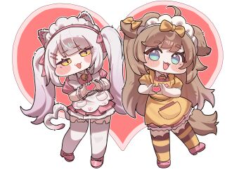 Rule 34 | 2girls, :3, absurdres, ahoge, animal ear fluff, animal ears, apron, blue eyes, blush stickers, bow, brown hair, butter (trickcal), cat ears, cat girl, cat tail, commentary request, curryman (curryman06), dog ears, dog girl, dog tail, dress, fang, hair bow, hair ornament, hairclip, heart, heart hands, highres, kommy (trickcal), korean commentary, long hair, maid headdress, multiple girls, open mouth, pink dress, pink hair, pink shoes, ribbon, shoes, smile, striped clothes, striped thighhighs, tail, thighhighs, trickcal, twintails, white apron, white thighhighs, yellow apron, yellow eyes, yellow ribbon