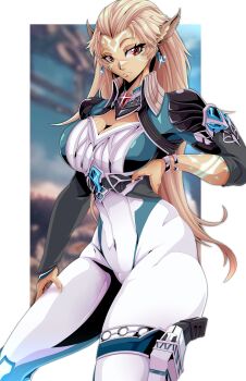 1girl 2025 absurdres andoryu_anzuru animal_ear_fluff artist_name asymmetrical_gloves bangs_pinned_back black_coat blue_coat blurry blurry_background bodysuit breasts cleavage coat collarbone commentary contrapposto covered_navel cowboy_shot detached_collar earrings english_commentary expressionless facial_mark female_focus fingernails forehead_mark gloves hand_on_own_hip head_tilt highres holster jewelry large_breasts lips long_hair looking_at_viewer monolith_soft neilnail_(xenoblade) nintendo official_alternate_costume parted_lips pointy_ears red_eyes sharp_fingernails simple_background solo spread_fingers standing thick_thighs thighhighs thighs tight_clothes very_long_hair white_background white_bodysuit white_hair white_nails white_thighhighs xenoblade_chronicles_(series) xenoblade_chronicles_x