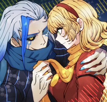 Rule 34 | 0010 (cyborg 009), absurdres, black coat, blonde hair, blue scarf, breasts, clothes grab, coat, cyborg, cyborg 009, francoise arnoul, green eyes, hairband, hand on another's shoulder, highres, long hair, looking at another, medium breasts, neckwear grab, nervous sweating, red coat, red hairband, sariokisu, scarf, scarf grab, sweat, white hair, yellow eyes, yellow scarf