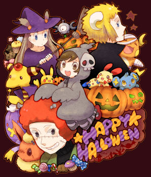 Rule 34 | 2boys, 2girls, ampharos, blonde hair, broom, brown hair, candy, cosplay, drifblim, duskull, duskull (cosplay), fake horns, flareon, flint (pokemon), food, gen 1 pokemon, gen 2 pokemon, gen 3 pokemon, gen 4 pokemon, happy halloween, hat, holding, holding broom, holding wand, horns, jasmine (pokemon), magnemite, minun, multiple boys, multiple girls, nintendo, pikachu, plusle, poke kid (pokemon), pokemon, pokemon (creature), pokemon dppt, raichu, red hair, shinx, sleeves past fingers, sleeves past wrists, star (symbol), suzzy, volkner (pokemon), wand, witch hat