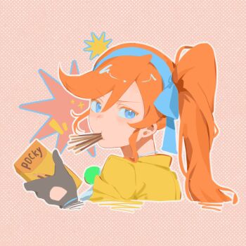1girl ace_attorney athena_cykes black_gloves blue_bow blue_eyes blue_hairband bow bow_hairband cropped_torso food food_in_mouth gloves hair_between_eyes hair_bow hairband highres house3122 long_hair looking_at_viewer orange_hair pocky pocky_in_mouth side_ponytail solo upper_body