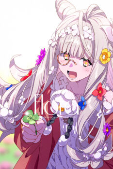 1girl bare_shoulders blush braid breasts brown_shawl character_name clover commentary_request cone_hair_bun dress echo_(circa) fate/grand_order fate_(series) flora_(fate) flower flower-shaped_pupils flower_hairband four-leaf_clover green_eyes grey_hair hair_bun hair_flower hair_ornament long_hair long_sleeves monocle open_mouth shawl sidelocks small_breasts solo symbol-shaped_pupils white_dress