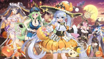 Rule 34 | 5girls, :d, ^ ^, animal ears, artist collaboration, artist request, bandages, bare shoulders, bat (animal), belt, black belt, black thighhighs, blue eyes, blue hair, blush, breasts, candy, cat ears, cezanne (girls creation), character request, claw pose, cleavage, closed eyes, closed mouth, colored inner hair, commentary request, dress, evening, food, game cg, garter straps, ghost, girls creation, gogh (girls creation), green hair, hair between eyes, hair ornament, hairclip, halloween, halloween bucket, halloween costume, hands up, happy halloween, hat, highres, holding, huge breasts, jack-o'-lantern, large breasts, lollipop, long hair, long hair between eyes, looking at viewer, michelangelo (girls creation), miniskirt, moon, multicolored hair, multiple girls, mummy costume, naked bandage, nauribon, navel, off shoulder, official art, open mouth, outdoors, pencil skirt, pleated skirt, police, police badge, police uniform, policeman, policewoman, pumpkin, purple eyes, purple hair, ribbon, side slit, skirt, smile, standing, sunset, swirl lollipop, thighhighs, thighs, tree, trick or treat, tsurime, twintails, two side up, underboob, underbust, very long hair, witch, witch hat