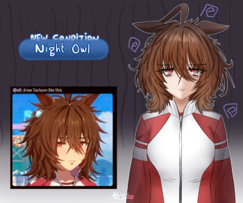 1girl absurdres agnes_tachyon_(umamusume) ahoge alterworshiper animal_ears bags_under_eyes brown_hair derivative_work ear_ornament ears_down highres horse_ears light_frown messy_hair red_eyes reference_inset screenshot_redraw short_hair sleepy tracen_training_uniform umamusume zipper