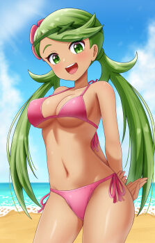 1girl :d absurdres arms_behind_back beach bikini blush breasts cleavage cloud covered_erect_nipples cowboy_shot day female_focus flower green_eyes green_hair hair_flower hair_ornament highres looking_at_viewer maho_(corotonton5150) mallow_(pokemon) matching_hair/eyes medium_breasts navel nintendo ocean open_mouth outdoors pink_bikini pokemon pokemon_sm side-tie_bikini_bottom sky smile solo standing swimsuit tan teeth twintails underboob upper_teeth_only water