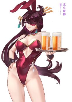 1girl absurdres alcohol artist_logo artist_name bare_shoulders beer beer_mug beidou_(genshin_impact) black_wrist_cuffs breasts chinese_knot cleavage contrapposto covered_navel cowboy_shot cup earrings eyepatch facing_viewer foreshortening genshin_impact gluteal_fold groin hair_ornament hair_over_one_eye hair_stick hand_on_own_hip highres holding holding_tray jewelry kashenori large_breasts leotard logo long_hair mole mole_on_breast mole_on_crotch mug playboy_bunny purple_hair red_leotard simple_background solo tassel tassel_earrings thighs tray very_long_hair white_background wrist_cuffs